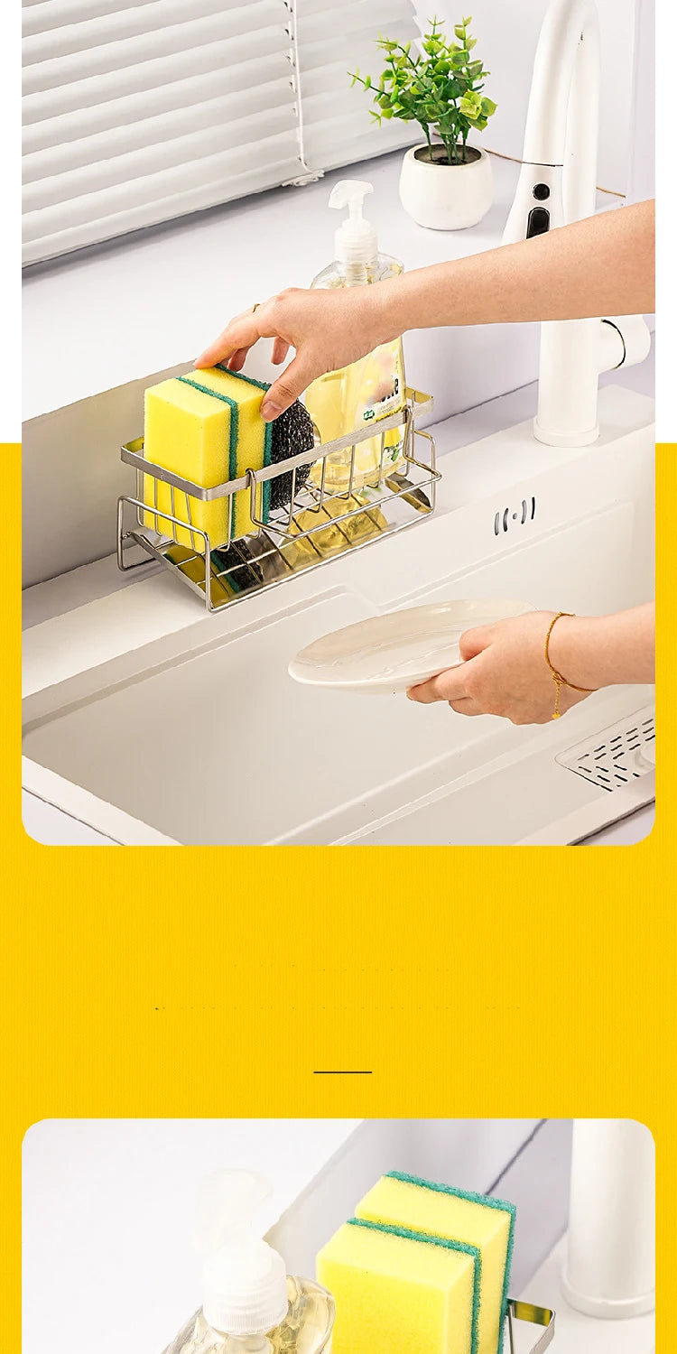 Stainless Steel Sink Organizer Rack – Sponge, Brush & Rag Holder for Kitchen