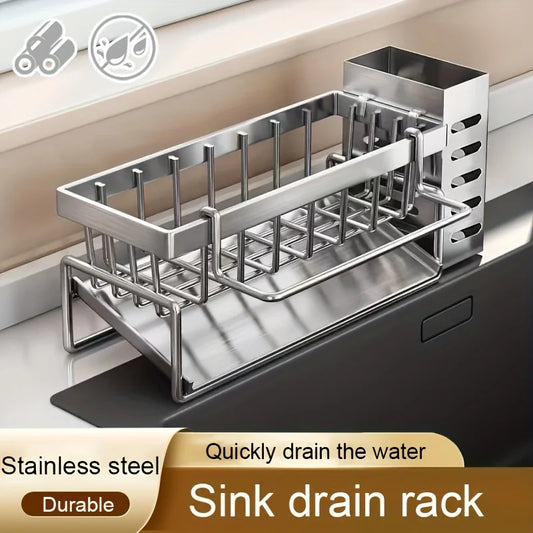 Stainless Steel Sink Organizer Rack – Sponge, Brush & Rag Holder for Kitchen