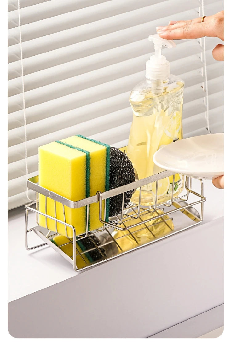 Stainless Steel Sink Organizer Rack – Sponge, Brush & Rag Holder for Kitchen