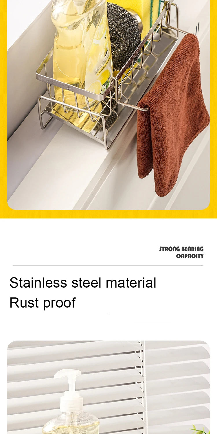 Stainless Steel Sink Organizer Rack – Sponge, Brush & Rag Holder for Kitchen