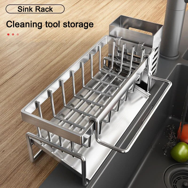 Stainless Steel Sink Organizer Rack – Sponge, Brush & Rag Holder for Kitchen