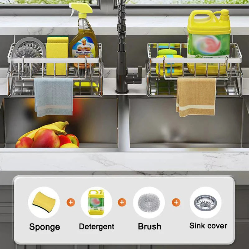 Stainless Steel Sink Organizer Rack – Sponge, Brush & Rag Holder for Kitchen