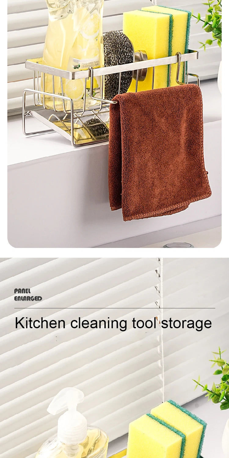 Stainless Steel Sink Organizer Rack – Sponge, Brush & Rag Holder for Kitchen
