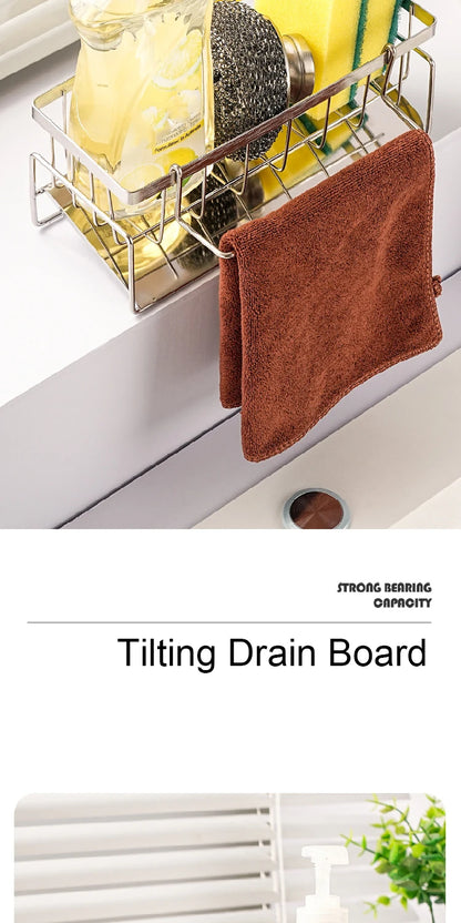 Stainless Steel Sink Organizer Rack – Sponge, Brush & Rag Holder for Kitchen